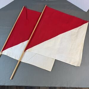 Semaphore Flags (2) with Wood Poles - WW2 Era Boy Scout Vintage red white